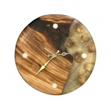 Часы из капового клена с эпоксидной смолой "Золотистая роза"
